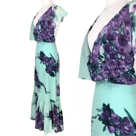 Luxxel Turquoise Lavender Fields Surplice Neckline Open Back Maxi Dress sz Small - Picture 3 of 16